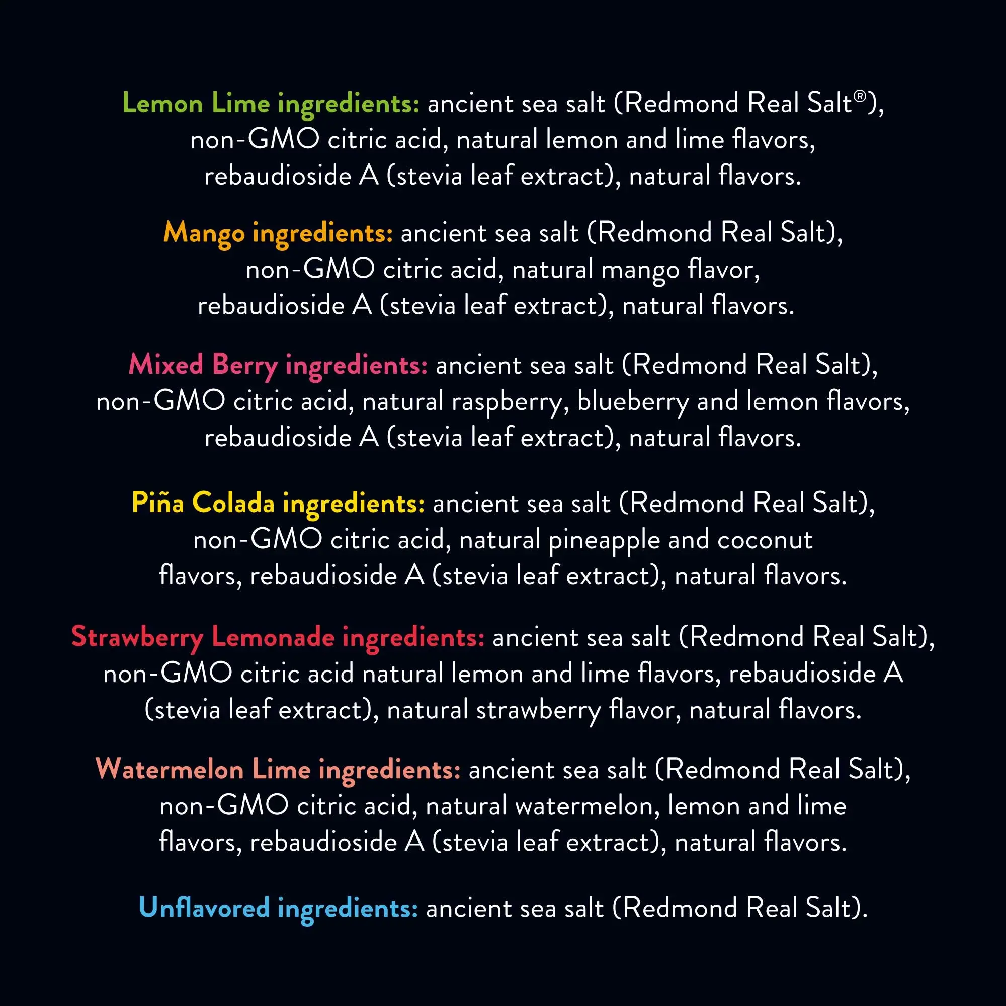 redmond re-lyte electrolytes lemon lime mango mixed berry pina colada strawberry lemonade watermelon lime