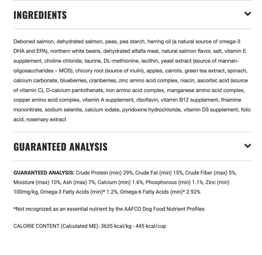 Boreal Small Breed Salmon Fish Ingredients