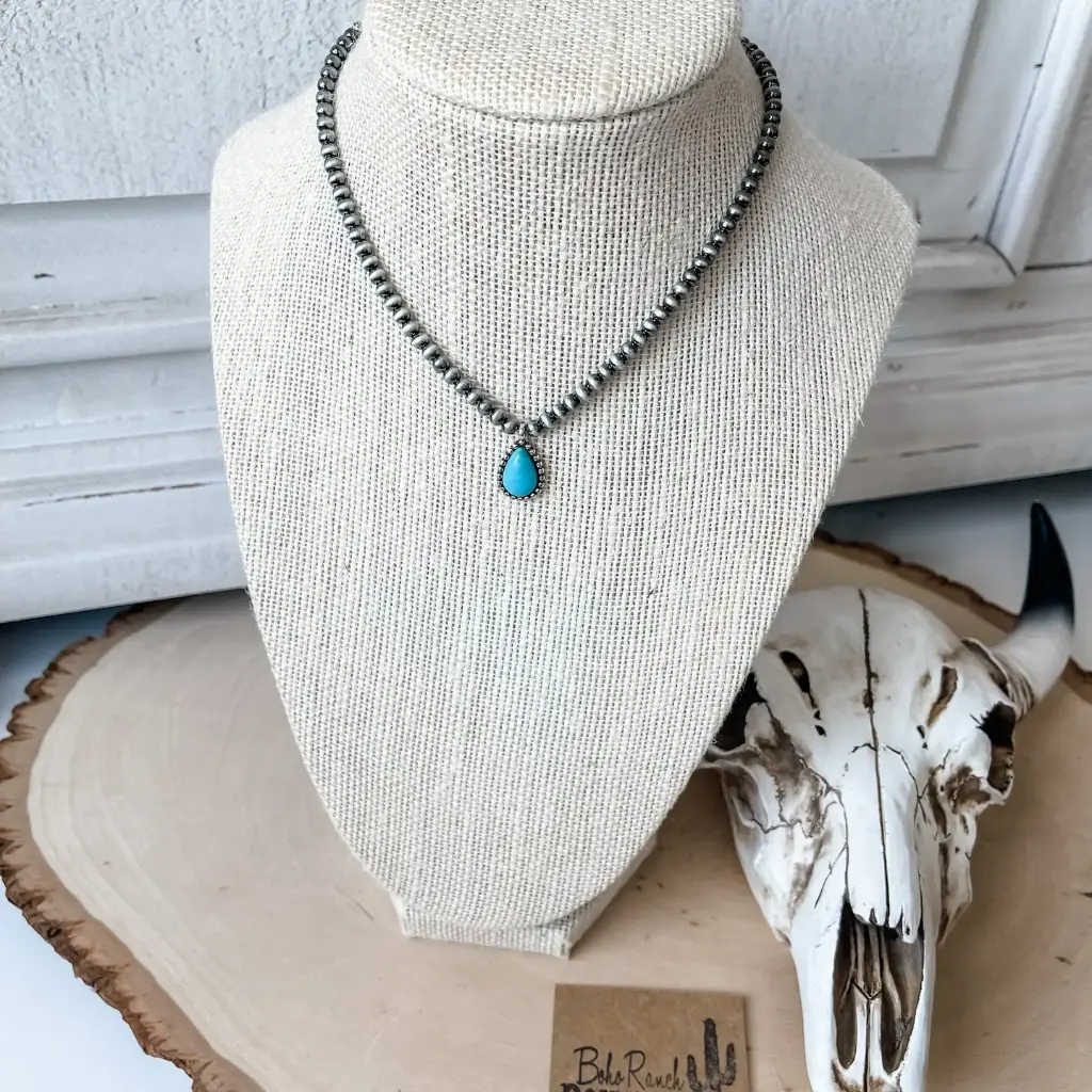Teardrop Stone Pendant Navajo Bead Choker Necklace    teal.webp