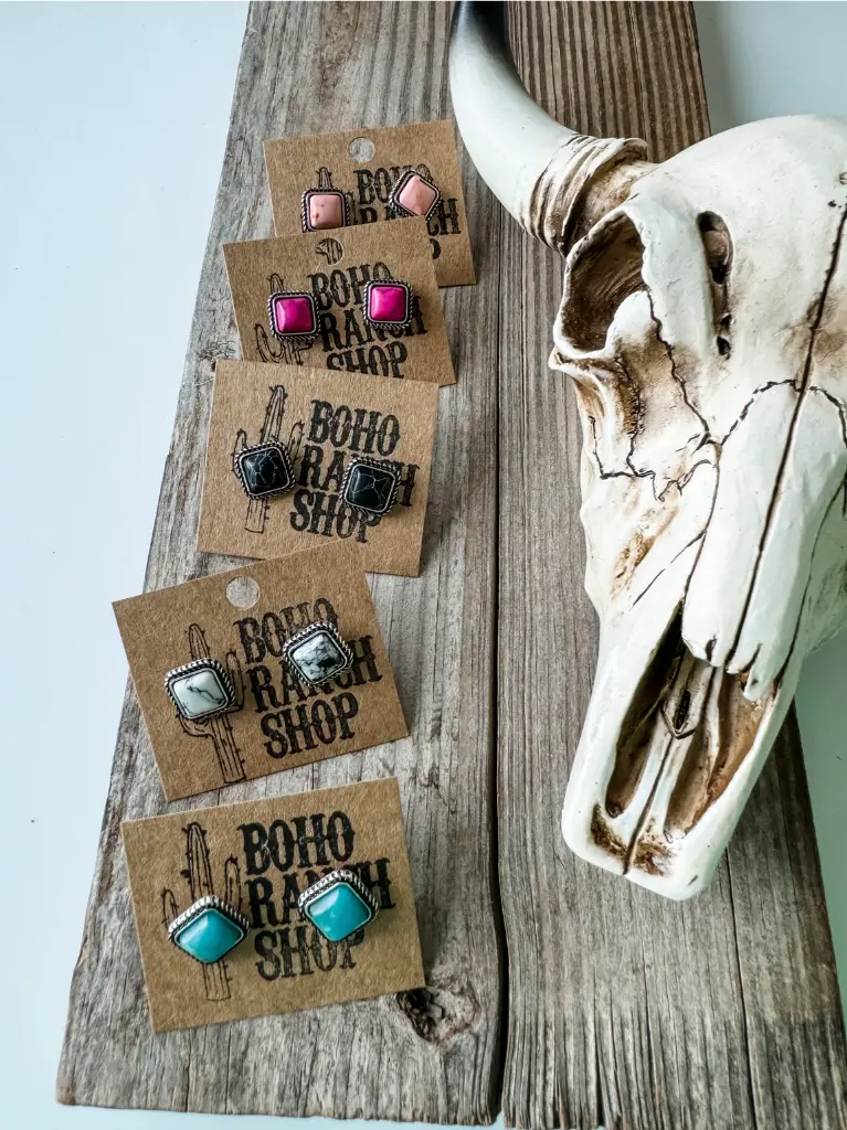 Western Mini Stone Stud Earrings - Heart Square Circle Bar 5.webp