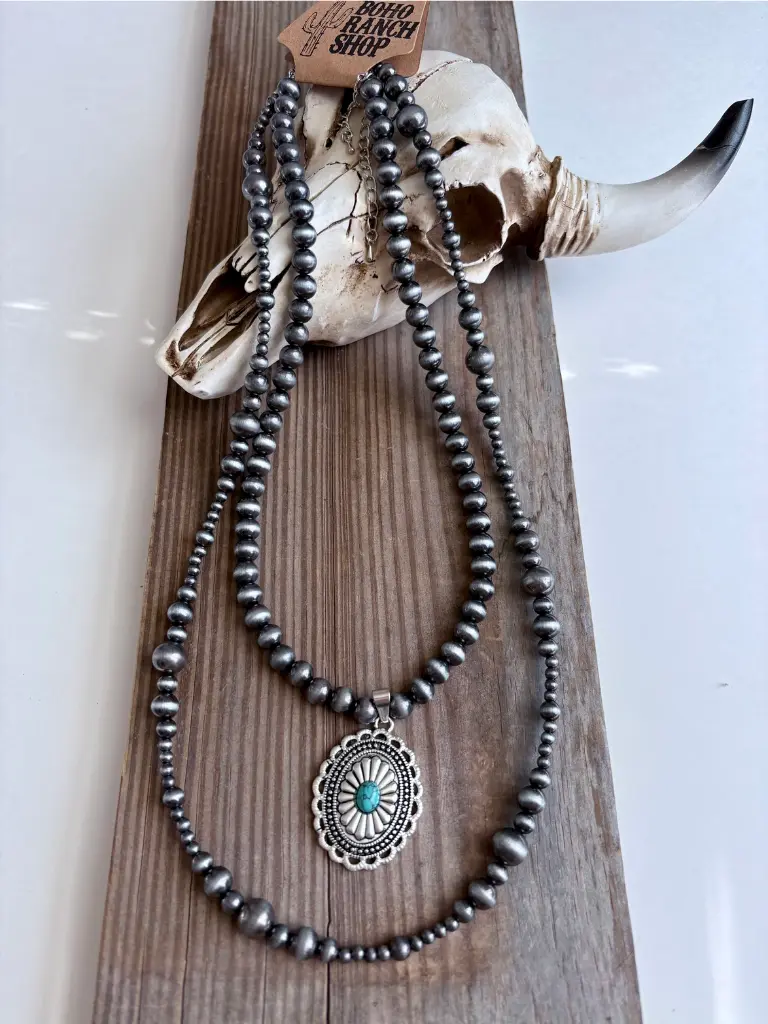 2 Layer Navajo Pearl Bead Stone Concho Pendant Necklace  3 .webp