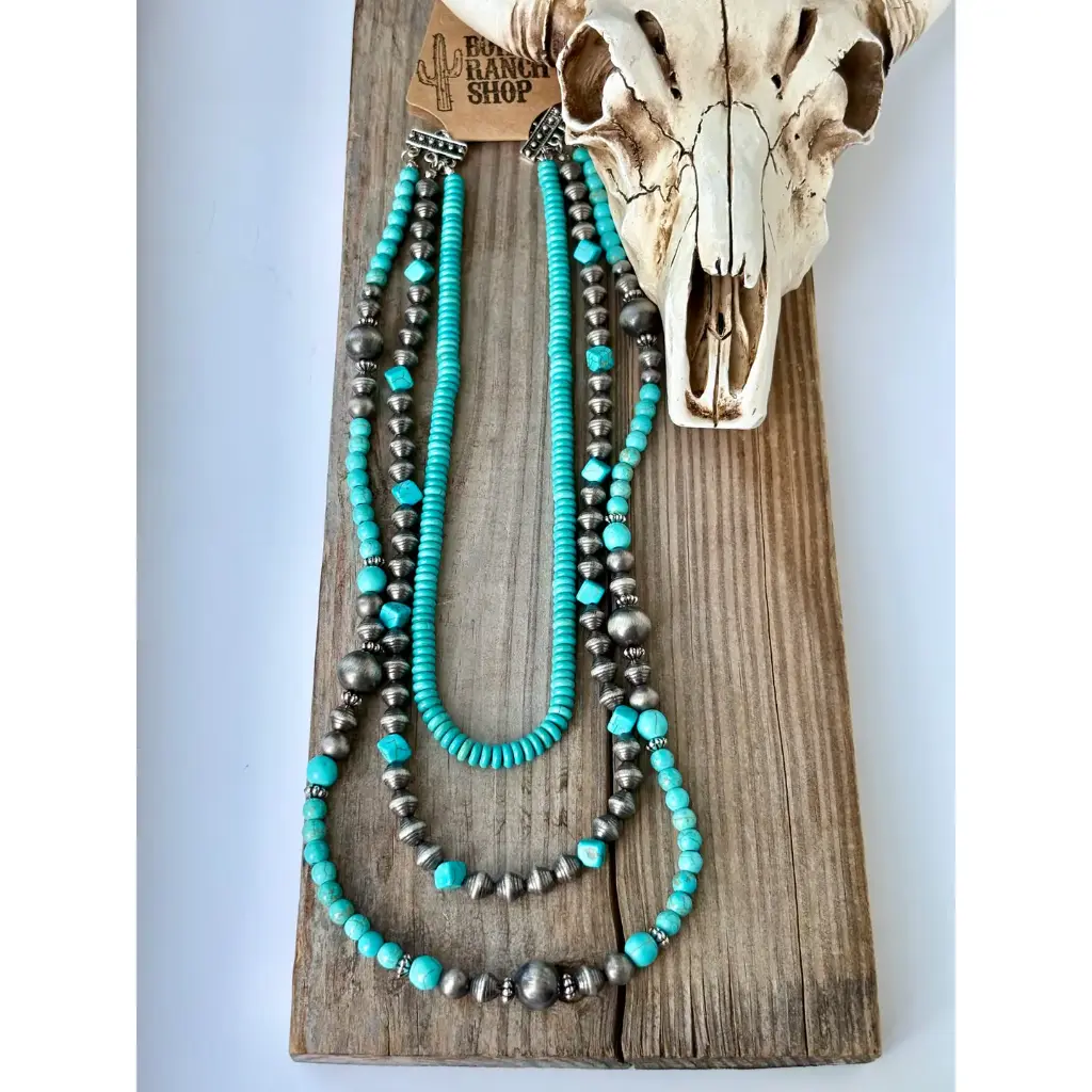3 Layered Western Navajo Pearl & Turquoise Stone Necklace 2.webp