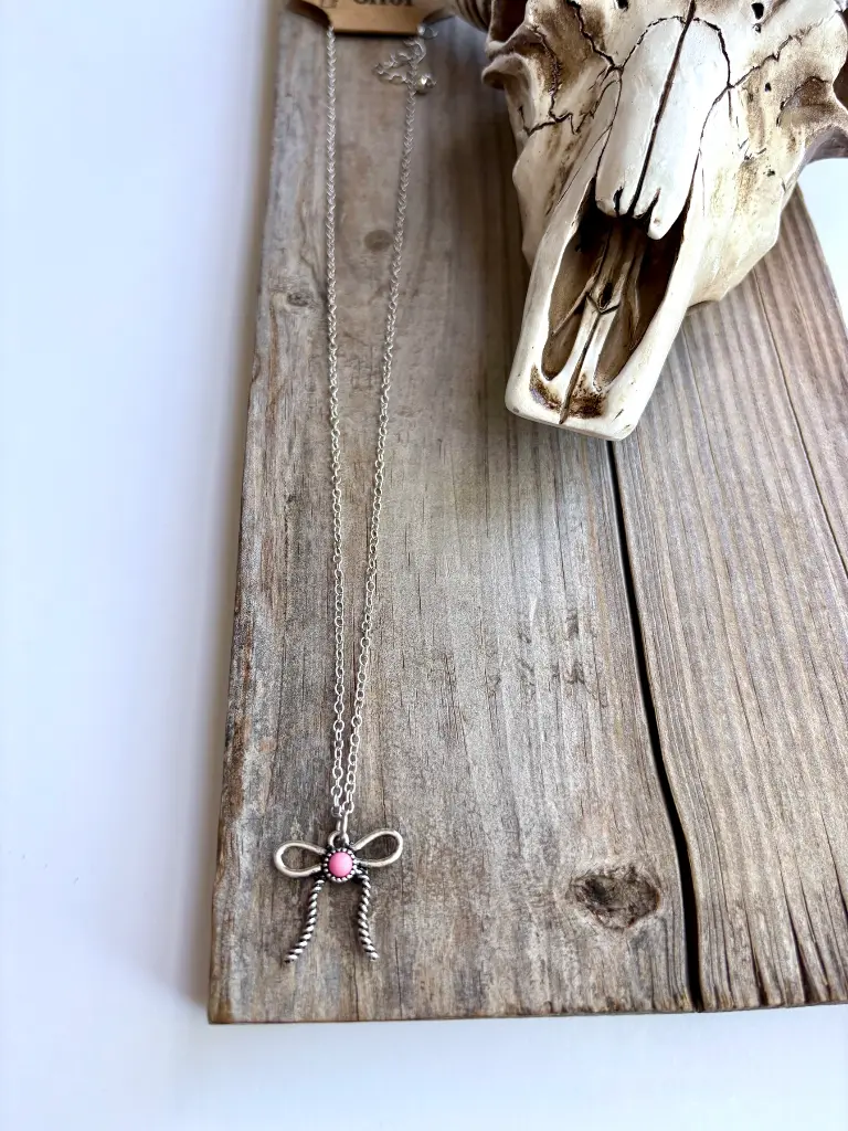 Western Style Coquette Bow Ribbon Pendant Chain Necklace pink.webp