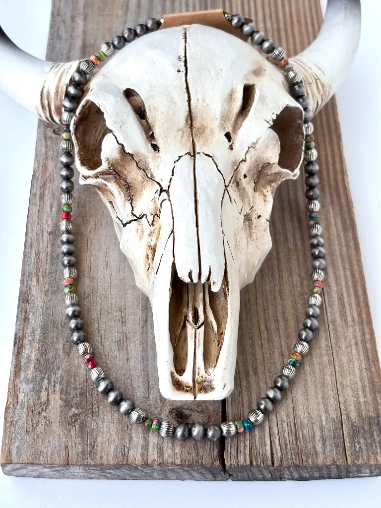 Western Style Navajo Pearl & Stone Bead Necklace 6.webp