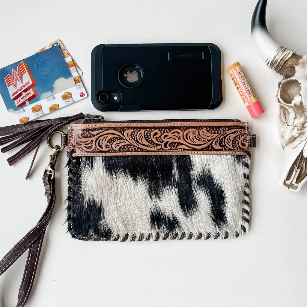 BOHO RANCH - Western Mini Mobile Cowhide Tooled Leather Crossbody (Tan)