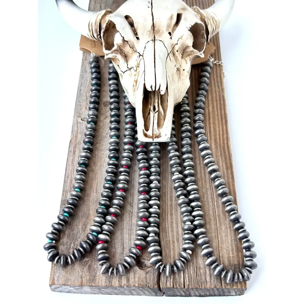 [146623375J-BH-BLK] BOHO RANCH - Western Style Flat Navajo Pearl & Stone Beaded Necklace  (Black)