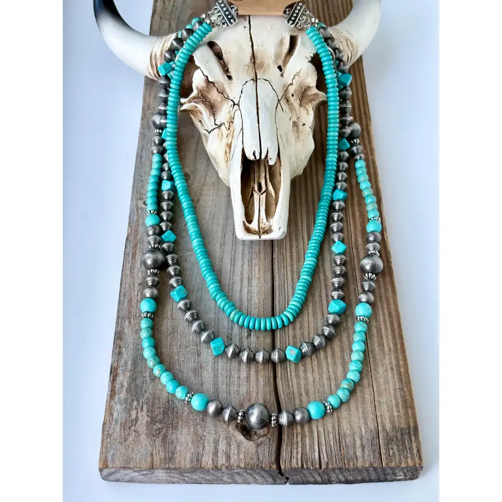 [148023650J-BH] BOHO RANCH - 3 Layered Western Navajo Pearl & Turquoise Stone Necklace