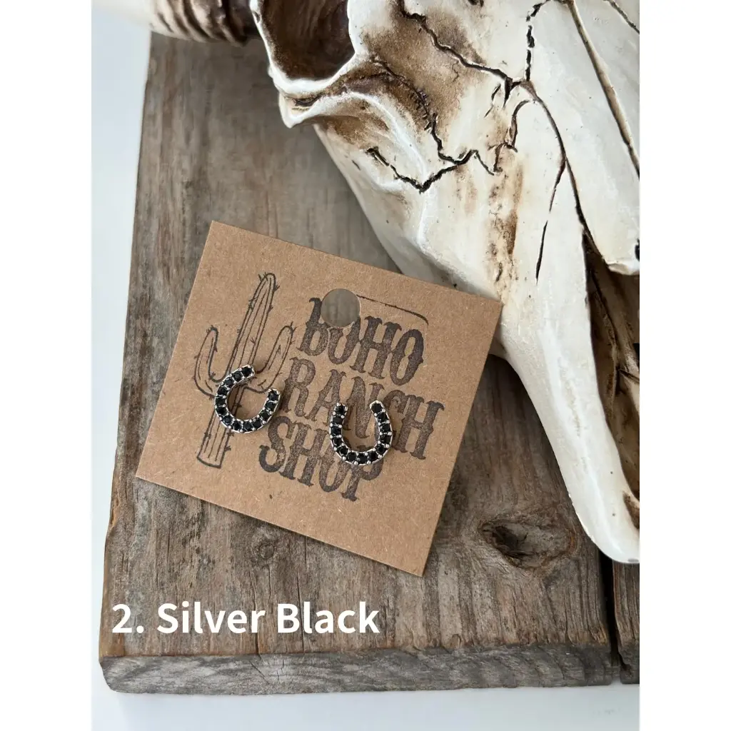 [047223225K-BH-BLK] BOHO RANCH - Dainty Western Style Horseshoe with Rhinestone Earrings (Silver Black)