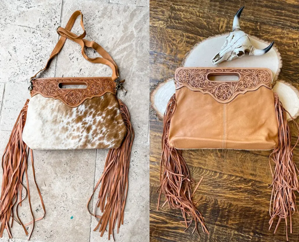 BOHO RANCH - The Maggie - Hand Tooled Leather Cowhide Purse Bag (Black + White Cowhide)