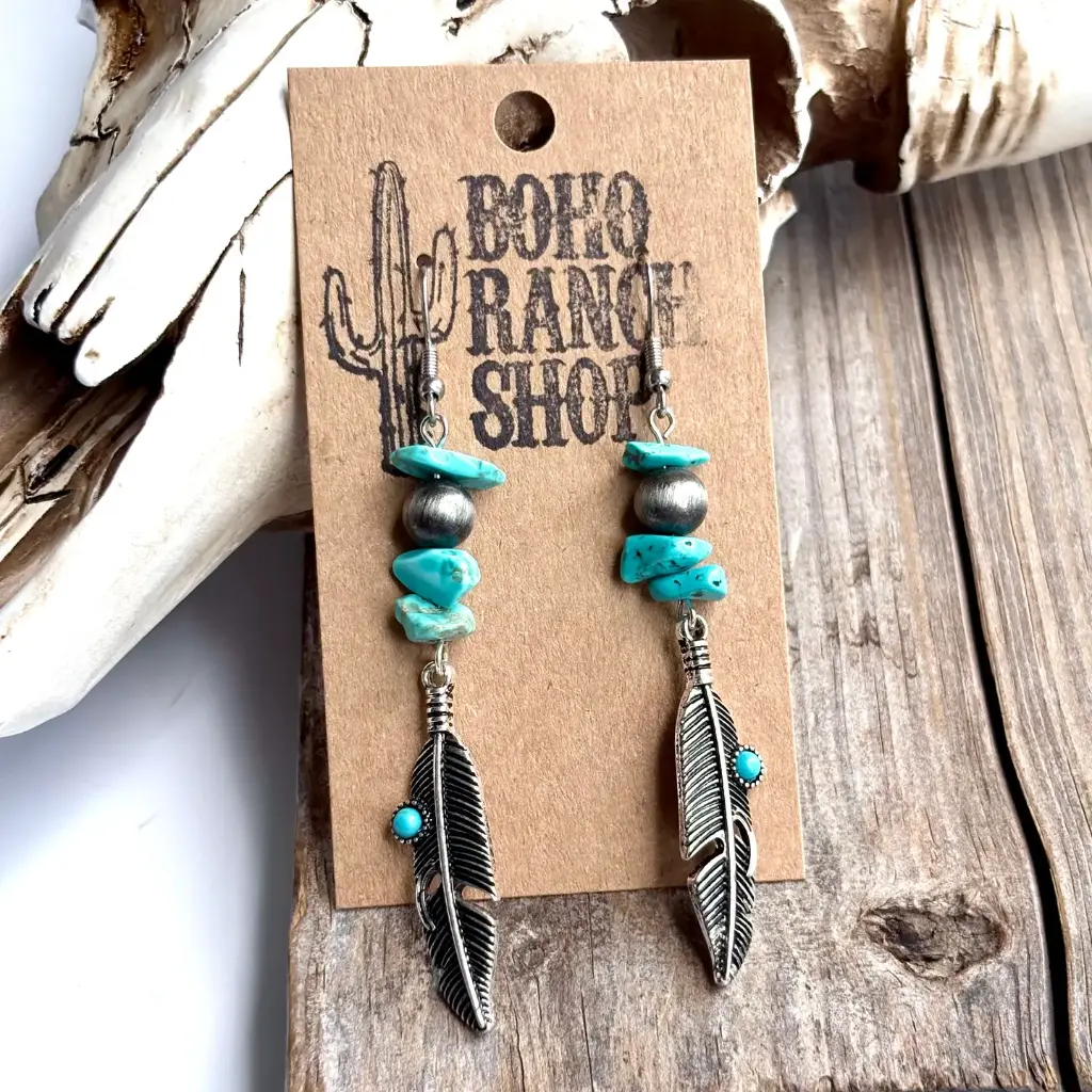 [080923225J-BH-TUR] BOHO RANCH - Western Feather Stone Navajo Pearl Drop Earrings (Silver/Turquoise)