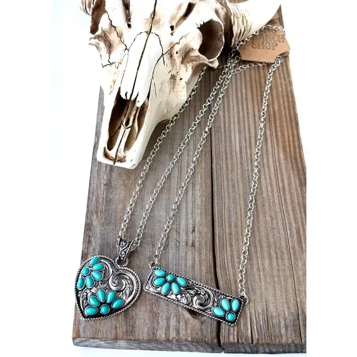 [3786233M-BH-BAR] BOHO RANCH - Western Squash Blossom Stone Round Pendant Necklace (Bar)