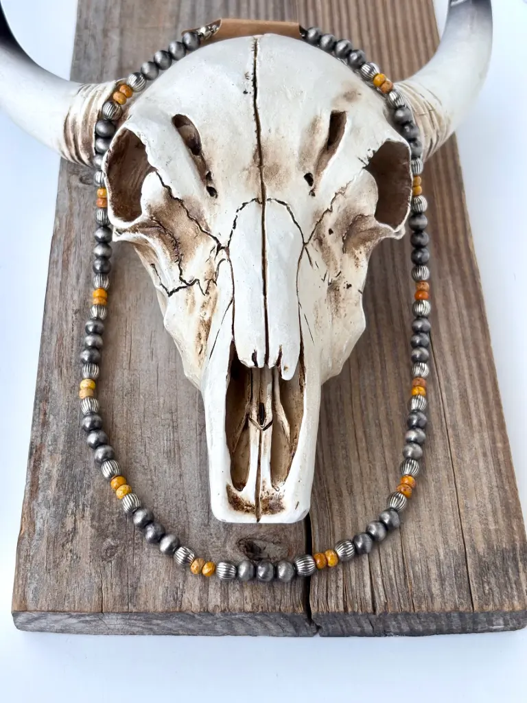 [144523450J-BH-YW] BOHO RANCH - Western Style Navajo Pearl & Stone Bead Necklace (Yellow)