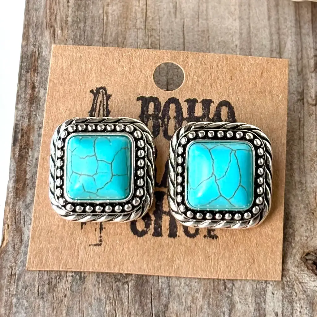 [8080233M-BH] BOHO RANCH - Western Turquoise Stone Square Stud Earrings