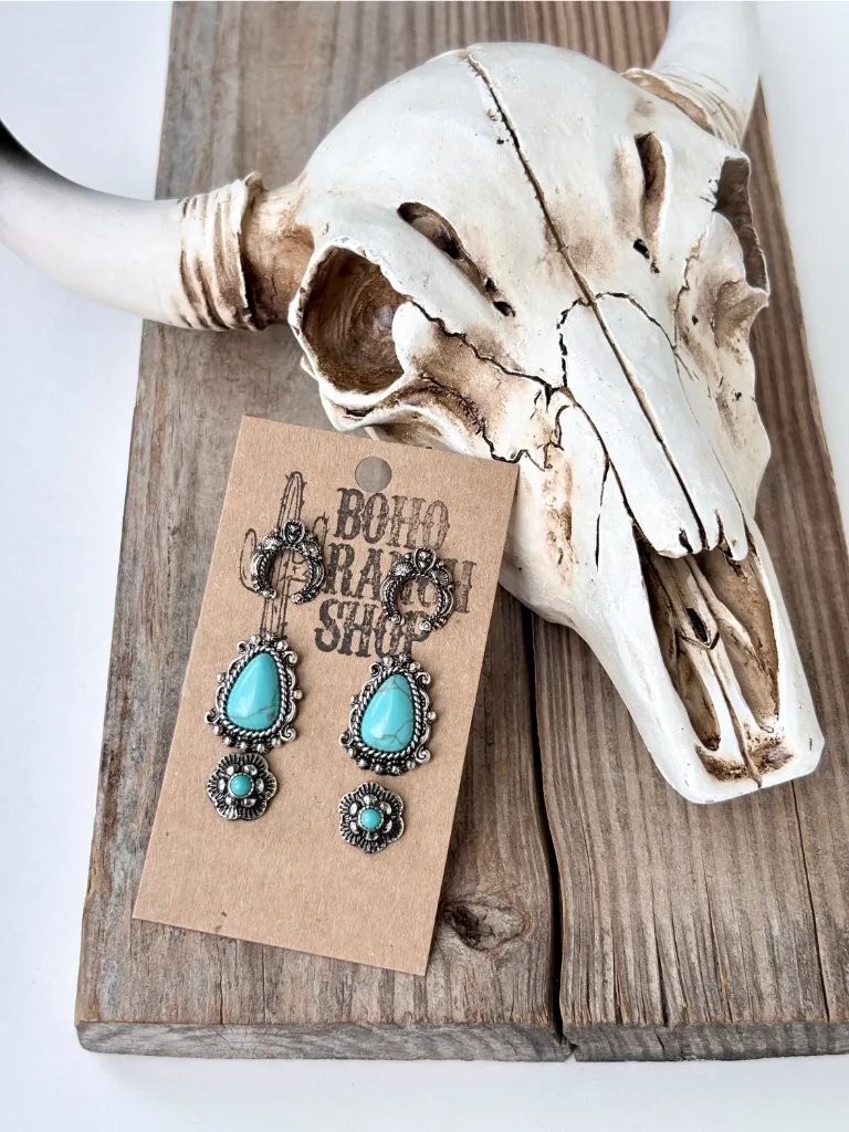 [048123375K-BH] BOHO RANCH - 3 Set of Western Style Turquoise Stone Concho Stud Earrings - Turquoise