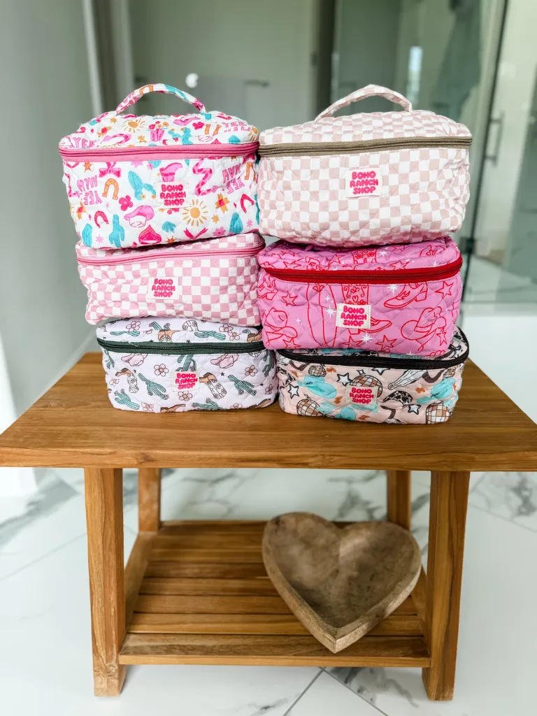 [FB0145023-BH-CACTUS] BOHO RANCH - Quilted Western Makeup Bag  | Cowgirl Cosmetic Fabric Bag (Cactus Cutie)