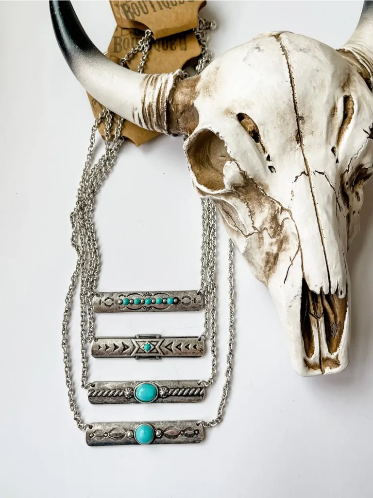 [262023250-BH] BOHO RANCH - Western Aztec Metal Bar Necklace (Circle Stone)