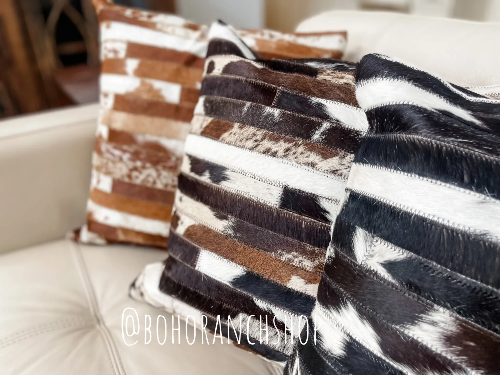 BOHO RANCH - Western Cowhide Pillow Cover (Tan/White Cowhide)