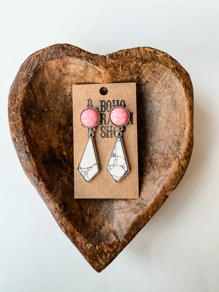 [162823350J-BH-PK] BOHO RANCH - Western Geometric Shape Stone Stud Earrings (Pink)