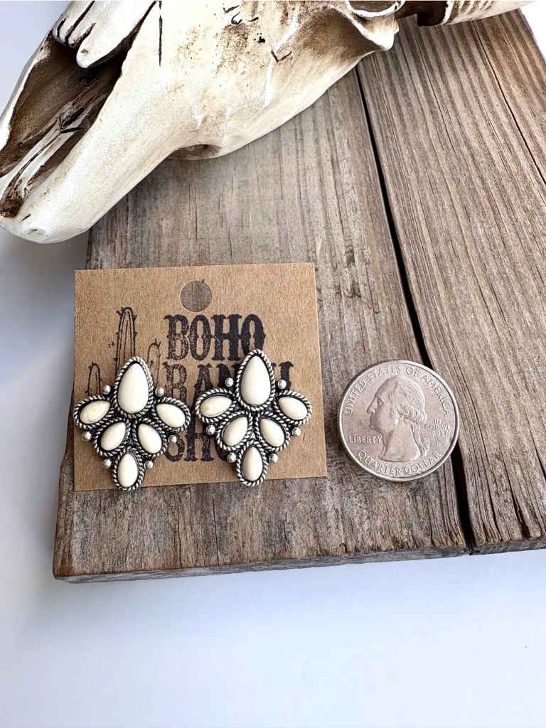 [759623225M-BH-WT] BOHO RANCH - Western Stone Stud Teardrop Earrings (White)