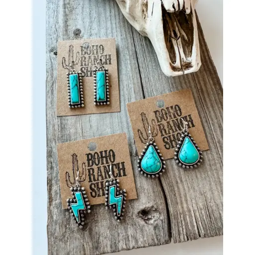 BOHO RANCH - Western Hand Stone Stud Earrings Turquoise Bolt Bar Teardrop