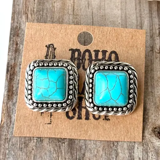[8080233M-BH] BOHO RANCH - Western Turquoise Stone Square Stud Earrings